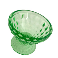 Load image into Gallery viewer, Vintage depression era Cube green uranium glass sherbet dish. Crafted by Jeannette Glass, USA, 1929 - 1933. Glows beautifully under black light. This versatile dish makes the perfect dessert bowl, or use it as a catchall on a vanity for trinkets.

In excellent condition, no chips. Typical manufacturing bubbles.

Measures 3 1/2 x 2 1/2 inches
