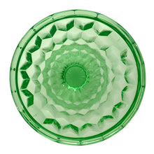Load image into Gallery viewer, Vintage depression era Cube green uranium glass sherbet dish. Crafted by Jeannette Glass, USA, 1929 - 1933. Glows beautifully under black light. This versatile dish makes the perfect dessert bowl, or use it as a catchall on a vanity for trinkets.

In excellent condition, no chips. Typical manufacturing bubbles.

Measures 3 1/2 x 2 1/2 inches
