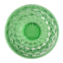 Load image into Gallery viewer, Jacks Daughter of All Trades Vintage Antique Mid-Century Kitsch Store Shop Reseller Etsy Shopify Toronto Canada Free Porch Pick Up Local Delivery Worldwide Shipping Judy Weinberg Unique Housewarming Gift Sustainable Gift Wedding Gift Home Decor Collectible Collector Gift Farmhouse Cottagecore Cottage Shabby Chic Industrial depression era Cube green uranium glass sherbet dish Jeannette Glass 1920s 1930s Glows under black light
