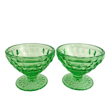 Load image into Gallery viewer, Vintage depression era Cube green uranium glass sherbet dish. Crafted by Jeannette Glass, USA, 1929 - 1933. Glows beautifully under black light. This versatile dish makes the perfect dessert bowl, or use it as a catchall on a vanity for trinkets.

In excellent condition, no chips. Typical manufacturing bubbles.

Measures 3 1/2 x 2 1/2 inches
