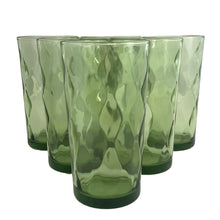 Load image into Gallery viewer, Set of six vintage &quot;AHC111&quot; green 10 ounce flat tumbler glass featuring an optic diamond or honeycomb pattern. Crafted by Anchor Hocking, USA, circa 1970s. A great additional to your glassware collection!  In excellent used vintage condition, free from chips.  Measures 2 7/8 x 5 1/8 inches  Capacity 10 ounces
