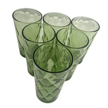 Load image into Gallery viewer, Set of six vintage &quot;AHC111&quot; green 10 ounce flat tumbler glass featuring an optic diamond or honeycomb pattern. Crafted by Anchor Hocking, USA, circa 1970s. A great additional to your glassware collection!  In excellent used vintage condition, free from chips.  Measures 2 7/8 x 5 1/8 inches  Capacity 10 ounces
