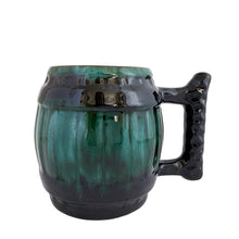 Load image into Gallery viewer, Vintage green drip glaze figural barrel mug. Crafted by Blue Mountain Pottery, Canada, circa 1970s. The contrast of the colours is outstanding. Perfect for your morning cuppa or a great addition to your BMP collection! Excellent condition, free from chips/cracks/repairs. Measures 4 3/4 x 4 inches (incl. handle)
