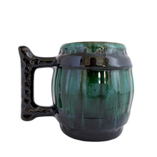 Load image into Gallery viewer, Vintage green drip glaze figural barrel mug. Crafted by Blue Mountain Pottery, Canada, circa 1970s. The contrast of the colours is outstanding. Perfect for your morning cuppa or a great addition to your BMP collection! Excellent condition, free from chips/cracks/repairs. Measures 4 3/4 x 4 inches (incl. handle)
