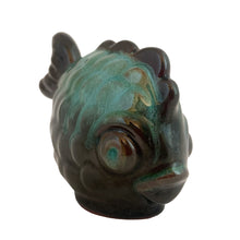 Load image into Gallery viewer, Vintage miniature green drip glaze art pottery miniature redware figural fish figurine. Crafted by Blue Mountain Pottery, Canada, 1970s. Perfect for a small floral arrangement or use as decor.

In excellent condition, no chips/cracks/repairs. Original sticker present.

Measures 3 1/4 x 4 1/8 inches

