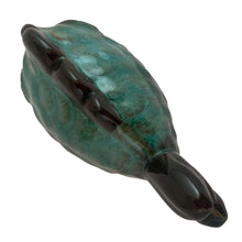 Load image into Gallery viewer, Vintage miniature green drip glaze art pottery miniature redware figural fish figurine. Crafted by Blue Mountain Pottery, Canada, 1970s. Perfect for a small floral arrangement or use as decor.

In excellent condition, no chips/cracks/repairs. Original sticker present.

Measures 3 1/4 x 4 1/8 inches
