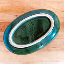 Load image into Gallery viewer, Vintage oval shaped ceramic pottery planter finished with glossy green drip glaze. Produced by RRP Co. Roseville, USA. An excellent vessel to house your favourite houseplants and succulents. A great addition to any decor style.  In excellent condition, free form chips/cracks/repairs. Marked on the bottom.  Measures 8 3/4 x 5 3/4 x 2 3/4 inches
