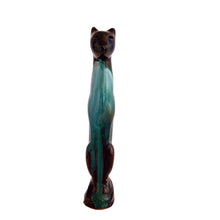 Load image into Gallery viewer, Vintage retro green drip glaze slim standing cat redware pottery figurine, featuring open eyes. Crafted by Canadian Ceramic Craft (CCC), Canada, circa 1960s. Add this very cool cat to your collection. For an extra spooky look, put a tiny light inside to make the eyes glow! In excellent condition, free form chips/cracks/repairs. Measures 1 1/2 x 2 x 8 inches
