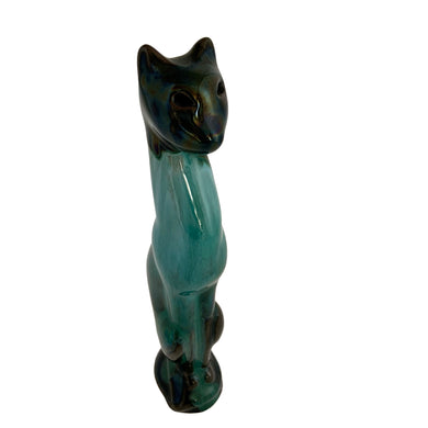 Vintage retro green drip glaze slim standing cat redware pottery figurine, featuring open eyes. Crafted by Canadian Ceramic Craft (CCC), Canada, circa 1960s. Add this very cool cat to your collection. For an extra spooky look, put a tiny light inside to make the eyes glow! In excellent condition, free form chips/cracks/repairs. Measures 1 1/2 x 2 x 8 inches