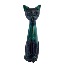 Load image into Gallery viewer, Large vintage green drip glazed redware cat figurine. Crafted by Blue Mountain Pottery, Canada, 1970s. A great piece to add to your art pottery collection! Excellent condition, no chips or cracks. Marked on the bottom. Measures 4 1/2 x 5 1/2 x 14 1/4 inches
