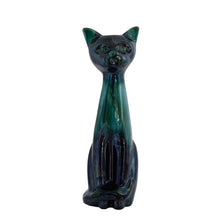 Load image into Gallery viewer, Large vintage green drip glazed redware cat figurine. Crafted by Blue Mountain Pottery, Canada, 1970s. A great piece to add to your art pottery collection! Excellent condition, no chips or cracks. Marked on the bottom. Measures 4 1/2 x 5 1/2 x 14 1/4 inches
