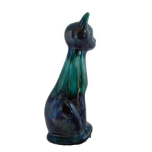 Load image into Gallery viewer, Large vintage green drip glazed redware cat figurine. Crafted by Blue Mountain Pottery, Canada, 1970s. A great piece to add to your art pottery collection! Excellent condition, no chips or cracks. Marked on the bottom. Measures 4 1/2 x 5 1/2 x 14 1/4 inches
