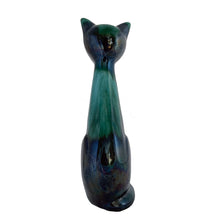 Load image into Gallery viewer, Large vintage green drip glazed redware cat figurine. Crafted by Blue Mountain Pottery, Canada, 1970s. A great piece to add to your art pottery collection! Excellent condition, no chips or cracks. Marked on the bottom. Measures 4 1/2 x 5 1/2 x 14 1/4 inches
