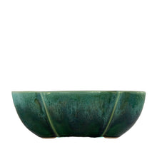 Load image into Gallery viewer, Vintage green drip glazed ceramic planter featuring a scalloped design and edge. Shape 304. Crafted by Beauceware, Canada, circa 1960s. Fill with your favourite houseplant, succulents or a bonsai tree. Also makes a great console bowl or catchall. In excellent condition, free from chips or cracks. Measures 9 3/4 x 6 3/4 x 2 3/4 inches
