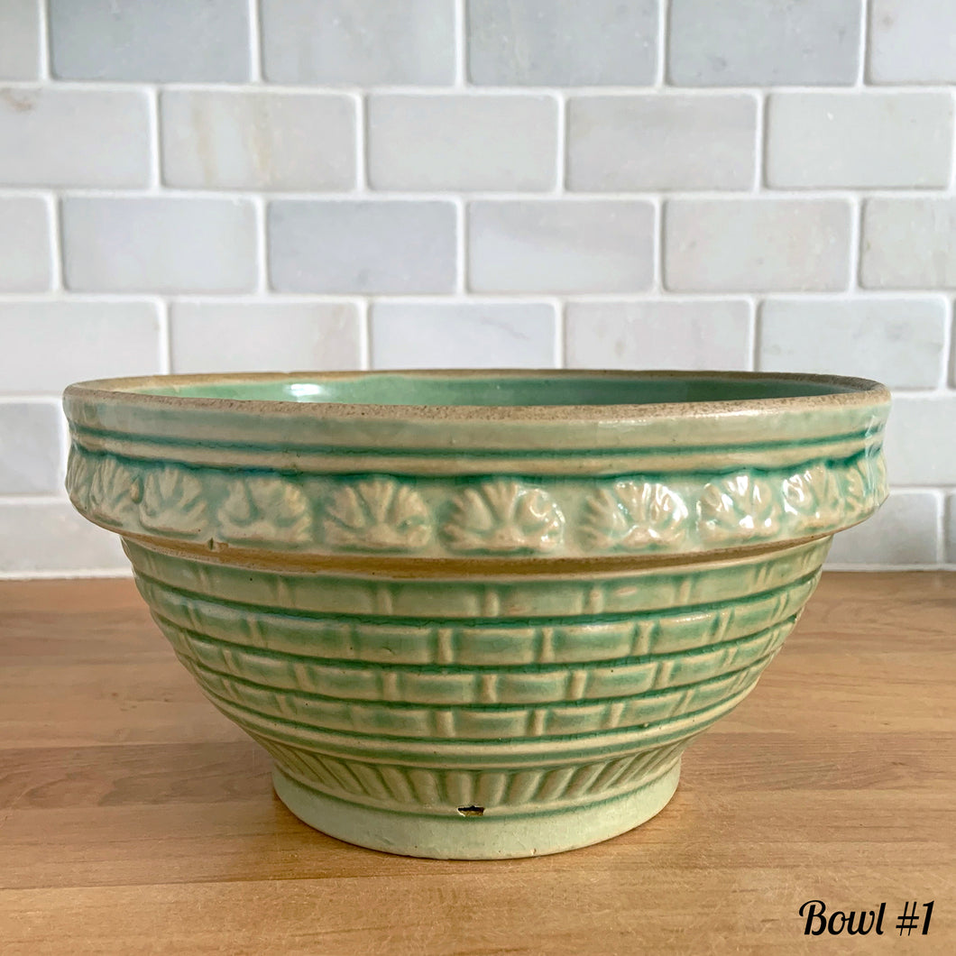 Antique green glazed stoneware 2 quart mixing bowl featuring a basketweave and fan pattern. Crafted by Robinson Ransbottom, USA, 1920s. A well-crafted piece of vintage stoneware offering a nostalgic vibe to your farmhouse or cottage kitchenware and decor!
Bowl #1 is in as found vintage condition, no chips/cracks/repairs, age-related crazing and glaze pops. Crown 8 mark.

Measure 8 1/4 x 4 3/8 inches