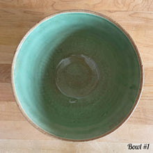 Load image into Gallery viewer, Antique green glazed stoneware 2 quart mixing bowl featuring a basketweave and fan pattern. Crafted by Robinson Ransbottom, USA, 1920s. A well-crafted piece of vintage stoneware offering a nostalgic vibe to your farmhouse or cottage kitchenware and decor!

Bowl #1 is in as found vintage condition, no chips/cracks/repairs, age-related crazing and glaze pops. Crown 8 mark.

Measure 8 1/4 x 4 3/8 inches
