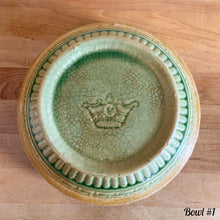 Load image into Gallery viewer, Jacks Daughter of All Trades Vintage Antique Mid-Century Modern Store Shop Reseller Etsy Shopify Toronto Canada Free Porch Pick Up Local Delivery Worldwide Shipping Judy Weinberg Unique Housewarming Sustainable Home Decor Collectible Collector Gift Farmhouse Cottagecore Cottage Grannycore Shabby Chic green glazed stoneware yellow ware mixing bowl basketweave fan pattern Robinson Ransbottom Pottery Co 1920s nostalgic kitchenware kitchen decor

