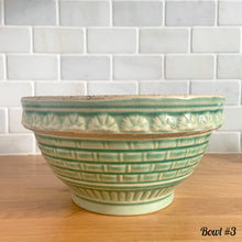 Load image into Gallery viewer, Antique green glazed stoneware 2 quart mixing bowl featuring a basketweave and fan pattern. Crafted by Robinson Ransbottom, USA, 1920s. A well-crafted piece of vintage stoneware offering a nostalgic vibe to your farmhouse or cottage kitchenware and decor!

Bowl #1 is in as found vintage condition, no chips/cracks/repairs, age-related crazing and glaze pops. Crown 8 mark.

Measure 8 1/4 x 4 3/8 inches
