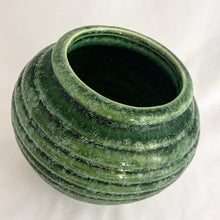 Load image into Gallery viewer, Gorgeous green glazed ribbed beehive urn-shaped ceramic vase or planter #418. Crafted by Hull Pottery in the USA, circa 1950s. The subtle drip glaze and the rib design gives this planter great dimension. Any plant would be happy to call it home!  In excellent condition, free from chips/cracks/repairs. Marked on the bottom &quot;URN-VASE, 418, HULL-USA&quot;.  Measures 5 1/2 x 5 inches  We have two of these beauties in stock! Price individually.
