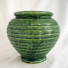 Load image into Gallery viewer, Gorgeous green glazed ribbed beehive urn-shaped ceramic vase or planter #419. Crafted by Hull Pottery in the USA, circa 1950s. The subtle drip glaze and the rib design gives this planter great dimension. Any plant would be happy to call it home!  In excellent condition, free from chips/cracks/repairs. Marked on the bottom &quot;URN-VASE, 419, HULL-USA&quot;.  Measures 6 x 6 1/8 inches
