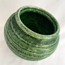 Load image into Gallery viewer, Gorgeous green glazed ribbed beehive urn-shaped ceramic vase or planter #419. Crafted by Hull Pottery in the USA, circa 1950s. The subtle drip glaze and the rib design gives this planter great dimension. Any plant would be happy to call it home!  In excellent condition, free from chips/cracks/repairs. Marked on the bottom &quot;URN-VASE, 419, HULL-USA&quot;.  Measures 6 x 6 1/8 inches
