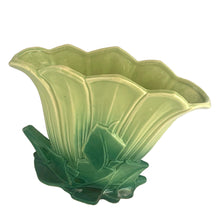 Load image into Gallery viewer, Exceptional vintage gloss two-tone green art deco tulip fan flower vase with decorative base. Crafted by McCoy Pottery, 1954. This rare vase must for any art pottery collector!

In excellent vintage condition, no chips/crack/repairs, no noticeable crazing. Maker&#39;s mark on the bottom.

Measures 10 1/4 x 4 1/8 x 8 3/8 inches
