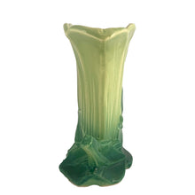 Load image into Gallery viewer, Exceptional vintage gloss two-tone green art deco tulip fan flower vase with decorative base. Crafted by McCoy Pottery, 1954. This rare vase must for any art pottery collector!

In excellent vintage condition, no chips/crack/repairs, no noticeable crazing. Maker&#39;s mark on the bottom.

Measures 10 1/4 x 4 1/8 x 8 3/8 inches
