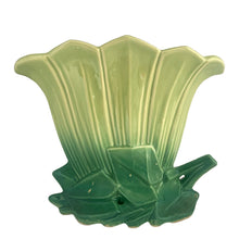 Load image into Gallery viewer, Exceptional vintage gloss two-tone green art deco tulip fan flower vase with decorative base. Crafted by McCoy Pottery, 1954. This rare vase must for any art pottery collector!

In excellent vintage condition, no chips/crack/repairs, no noticeable crazing. Maker&#39;s mark on the bottom.

Measures 10 1/4 x 4 1/8 x 8 3/8 inches
