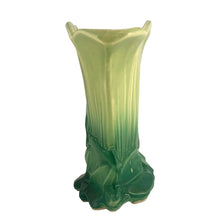 Load image into Gallery viewer, Exceptional vintage gloss two-tone green art deco tulip fan flower vase with decorative base. Crafted by McCoy Pottery, 1954. This rare vase must for any art pottery collector!

In excellent vintage condition, no chips/crack/repairs, no noticeable crazing. Maker&#39;s mark on the bottom.

Measures 10 1/4 x 4 1/8 x 8 3/8 inches
