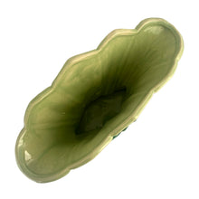 Load image into Gallery viewer, Exceptional vintage gloss two-tone green art deco tulip fan flower vase with decorative base. Crafted by McCoy Pottery, 1954. This rare vase must for any art pottery collector!

In excellent vintage condition, no chips/crack/repairs, no noticeable crazing. Maker&#39;s mark on the bottom.

Measures 10 1/4 x 4 1/8 x 8 3/8 inches
