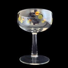 Load image into Gallery viewer, Set of four vintage mid-century era avocado green and gold Atomic Dots champagne coupe cocktail glasses! Crafted by Federal Glass, USA, 1950s. Use these effervescent beauties to serve your favourite champers, martinis or use them as sherbets. Your bar cart will be the star of the show with their effervescent rising bubbles.....cheers!

In excellent condition, no chips.

Measures 3 1/2 x 4 1/4 inches

Capacity 6 ounces
