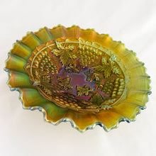 Load image into Gallery viewer, Here is a superb example of an antique Grape and Cable green carnival glass bowl featuring a basketweave pattern on the exterior, a smooth sawtooth ruffled pie crust edge, plus a collar base. The iridescence is fantastic! Crafted by Northwood Glass Company, USA, circa early 1900s. In excellent condition, free from chips/cracks. Marked on the bottom with Northwood N with underline inside a circle. Measures 8 3/8 x 2 1/4 inches
