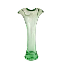 Load image into Gallery viewer, 1970s vintage green glass bud vase with flared ruffled rim, front view, Taiwan art glass home decor
