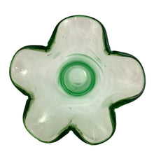 Load image into Gallery viewer, Overhead view of vintage green glass bud vase showing flower-shaped five-petal ruffled opening, 1970s Taiwan
