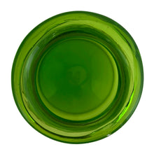 Load image into Gallery viewer, Vintage hand blown green art glass apothecary jar with flower lid. Takahashi Glass, Japan, circa 1970. Perfect for food storage, or home decor. This fabulously happy colour will liven up any room, especially in a bright window! Good vintage condition with minor flea bite on the inside rim of the lid. Typical manufacturing imperfections in the glass such as bubbles and stringers. Measures 4 x 6 inches

