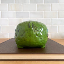 Load image into Gallery viewer, Adorable vintage happy green hippopotamus coin bank. This smiling hippo has white teeth, purple tongue and is embossed with a colourful fun on either side in blue and purple. Crafted by Pride Creations Inc. USA and made in Japan, 1970s. Makes a great retro decor piece for a nursery or child&#39;s bedroom or playroom!

In good vintage condition, no chips or cracks. No rubber stopper.

Measures 10 x 3 3/4 x 3 inches
