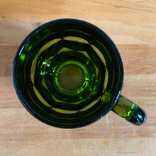 Load image into Gallery viewer, Outstanding heavy green pressed glass handled half pint beer mug with a honeycomb design. Unmarked. Circa 1970s. Enjoy a cold beer or treat yourself to a rootbeer float in this great mug!  In excellent condition, no chips.  Measures 3 1/4 x 4 3/4 inches (without the handle)  Capacity 10 ounces
