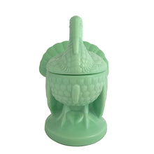 Load image into Gallery viewer, Highly sought after vintage green jadeite glass lidded turkey dish! Crafted by LE Smith Glass for Martha Stewart by Mail, 1990s. This piece is the perfect addition to your jadeite collection, and Thanksgiving or Christmas tableware decor!

In excellent condition, no chips. Marked on the bottom.

Measures approximately 6 1/4 x 5 1/4 x 7 1/4 inches
