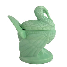 Load image into Gallery viewer, Highly sought after vintage green jadeite glass lidded turkey dish! Crafted by LE Smith Glass for Martha Stewart by Mail, 1990s. This piece is the perfect addition to your jadeite collection, and Thanksgiving or Christmas tableware decor!

In excellent condition, no chips. Marked on the bottom.

Measures approximately 6 1/4 x 5 1/4 x 7 1/4 inches

