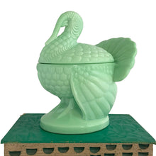 Load image into Gallery viewer, Highly sought after vintage green jadeite glass lidded turkey dish! Crafted by LE Smith Glass for Martha Stewart by Mail, 1990s. This piece is the perfect addition to your jadeite collection, and Thanksgiving or Christmas tableware decor!

In excellent condition, no chips. Marked on the bottom.

Measures approximately 6 1/4 x 5 1/4 x 7 1/4 inches
