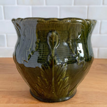 Load image into Gallery viewer, Antique green leaf scrolls Majolica jardiniere planter No. 916. Crafted by Brush McCoy Pottery, 1910s. A beautiful piece of art pottery to add charm to your home decor!

In good vintage condition, no chips/cracks/repairs. There is some glaze loss on the interior at the bottom, see photos.

Measures 6 3/8 x 6 inches

