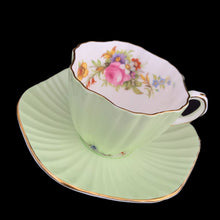 Load image into Gallery viewer, Vintage EB Foley 1850 bone china tea cup and saucer, mint green with pink roses and gold gilt rim, Pattern 3627, England
