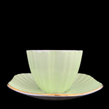 Load image into Gallery viewer, front profile of vintage EB Foley 1850 scalloped bone china teacup, mint green with floral motif and gold gilt
