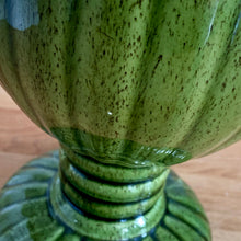 Load image into Gallery viewer, Large green vintage scalloped urn shaped pedestal planter with scalloped foot and ringed pedestal with wedge bottom. Unmarked.  In great vintage condition, 1 minor pinhole in the glaze on the size. Otherwise, no chips/cracks.  Measures 6 x 8 1/2 inches
