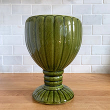 Load image into Gallery viewer, Large green vintage scalloped urn shaped pedestal planter with scalloped foot and ringed pedestal with wedge bottom. Unmarked.  In great vintage condition, 1 minor pinhole in the glaze on the size. Otherwise, no chips/cracks.  Measures 6 x 8 1/2 inches
