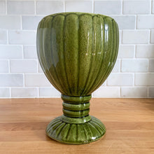 Load image into Gallery viewer, Large green vintage scalloped urn shaped pedestal planter with scalloped foot and ringed pedestal with wedge bottom. Unmarked.  In great vintage condition, 1 minor pinhole in the glaze on the size. Otherwise, no chips/cracks.  Measures 6 x 8 1/2 inches
