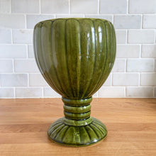 Load image into Gallery viewer, Large green vintage scalloped urn shaped pedestal planter with scalloped foot and ringed pedestal with wedge bottom. Unmarked.  In great vintage condition, 1 minor pinhole in the glaze on the size. Otherwise, no chips/cracks.  Measures 6 x 8 1/2 inches
