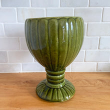 Load image into Gallery viewer, Large green vintage scalloped urn shaped pedestal planter with scalloped foot and ringed pedestal with wedge bottom. Unmarked.  In great vintage condition, 1 minor pinhole in the glaze on the size. Otherwise, no chips/cracks.  Measures 6 x 8 1/2 inches
