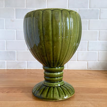 Load image into Gallery viewer, Large green vintage scalloped urn shaped pedestal planter with scalloped foot and ringed pedestal with wedge bottom. Unmarked.  In great vintage condition, 1 minor pinhole in the glaze on the size. Otherwise, no chips/cracks.  Measures 6 x 8 1/2 inches
