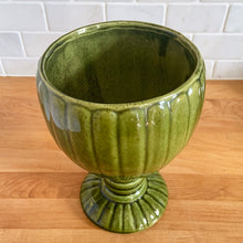 Load image into Gallery viewer, Large green vintage scalloped urn shaped pedestal planter with scalloped foot and ringed pedestal with wedge bottom. Unmarked.  In great vintage condition, 1 minor pinhole in the glaze on the size. Otherwise, no chips/cracks.  Measures 6 x 8 1/2 inches
